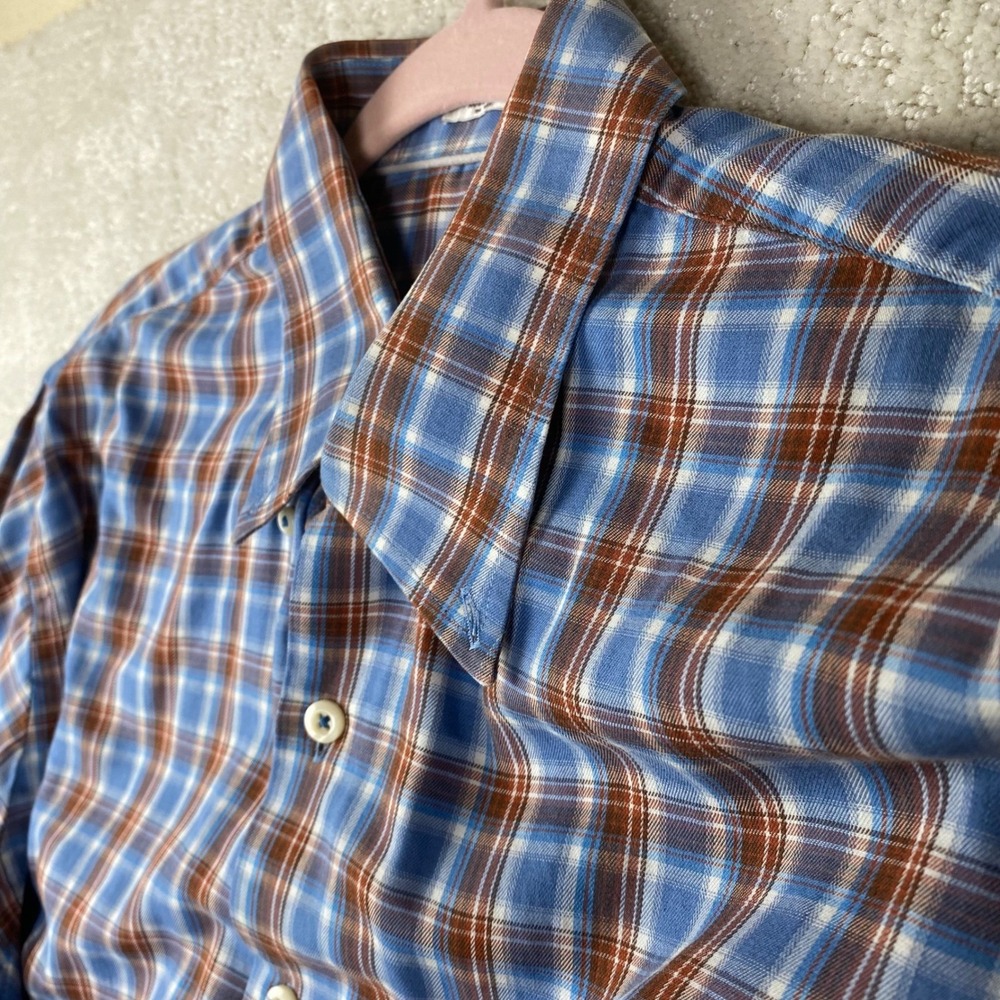 Peter Millar Shirt Men's Large Blue Brown‎ Plaid Cotton Wool Button Down